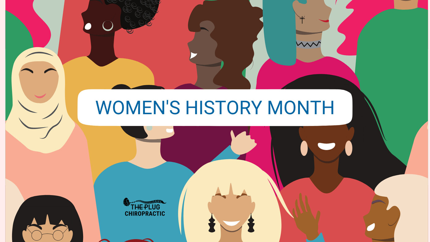 This is a banner with the words "Women's History Month" and the background is an assortment of different women.